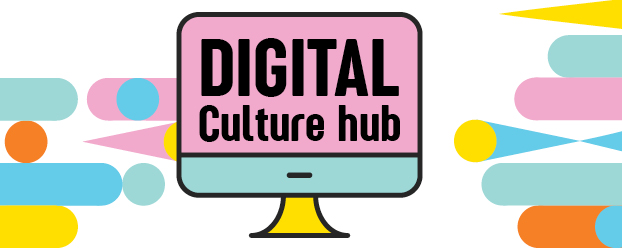 Drawing of a computer screen with the words Digital Culture Hub